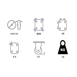 Bokwiel, diameter van 13mm, polypropyleen (PP) wiel, draagvermogen tot 15KG