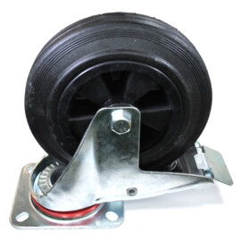 Swivel castor with brake, 200 mm diameter, black rubber tire, load capacity up to 200 kg