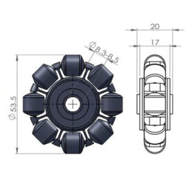 Multidirectioneel wiel met 8 rollers, 53.5 mm